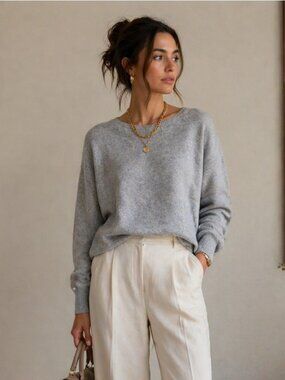 Le Kasha 100% Cashmere Sweater Gray M Women Crewneck Luxury Soft Knit Pullover